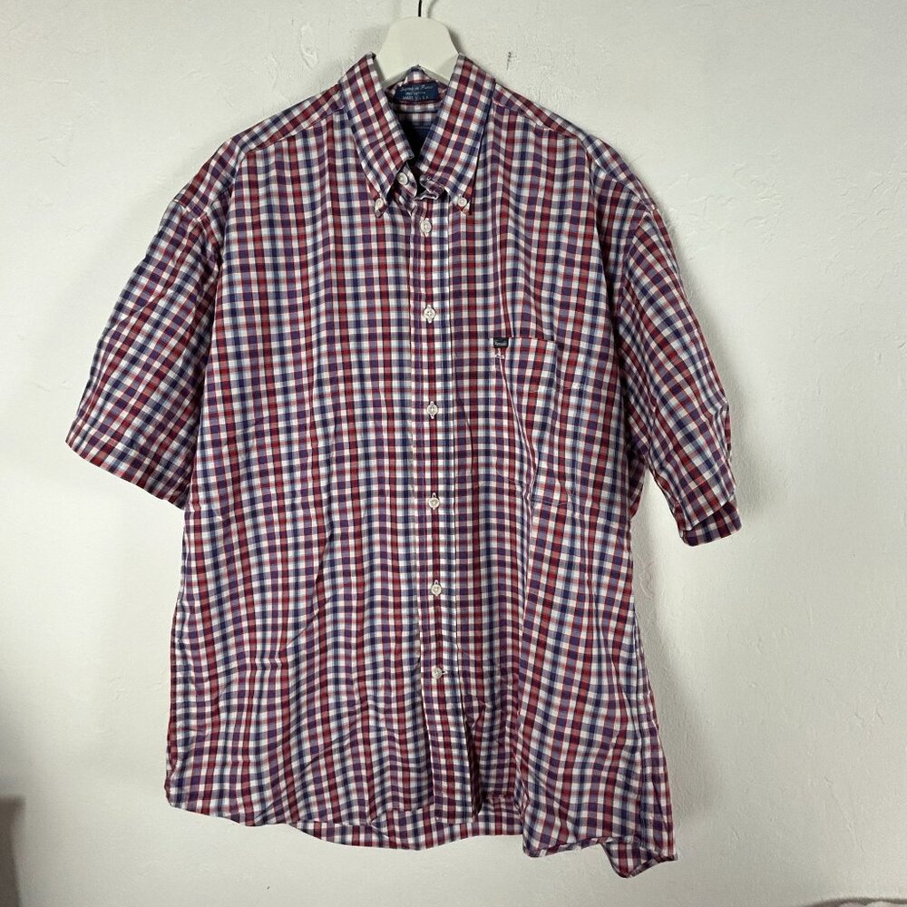 Faconnable Mens Red Blue Checkered Short-Sleeve Button-Down Shirt Large Cotton